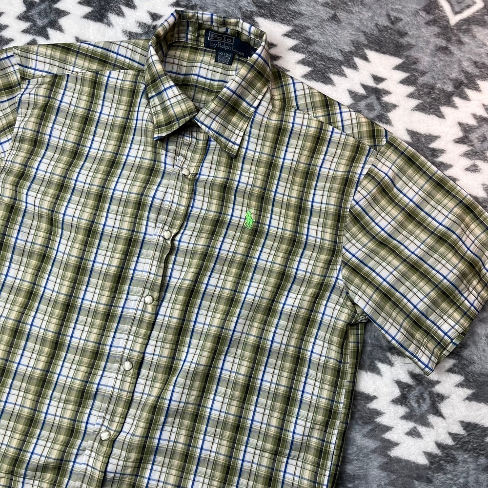 Polo Ralph Lauren Vintage Pearl Snap Plaid Shirt Mens M Green Short Sleeve Pony